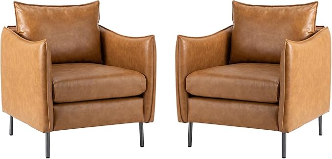 HULALA HOME PU Leather Vintage Armchair Mid Century Accent Chair Club Chairs Set of 2 Arm Chair for Living Room/Office/Bedroom/Study Camel