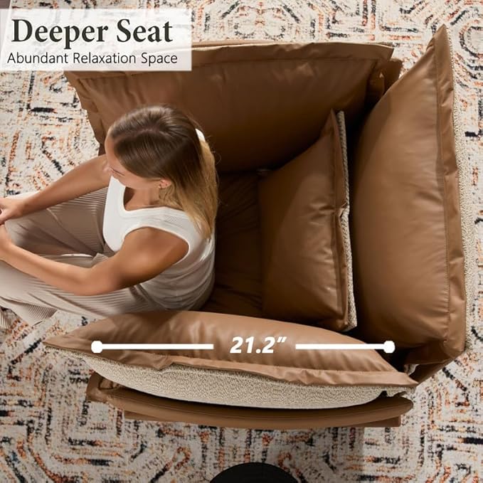 Leather Oversized Armchair Modern Accent Chair Single Sofa Lounge Chair Leather and Fabric Two-Faced Material 43.5 Wide 21.3 Seat Deepth for Living Room Bedroom (Brown)