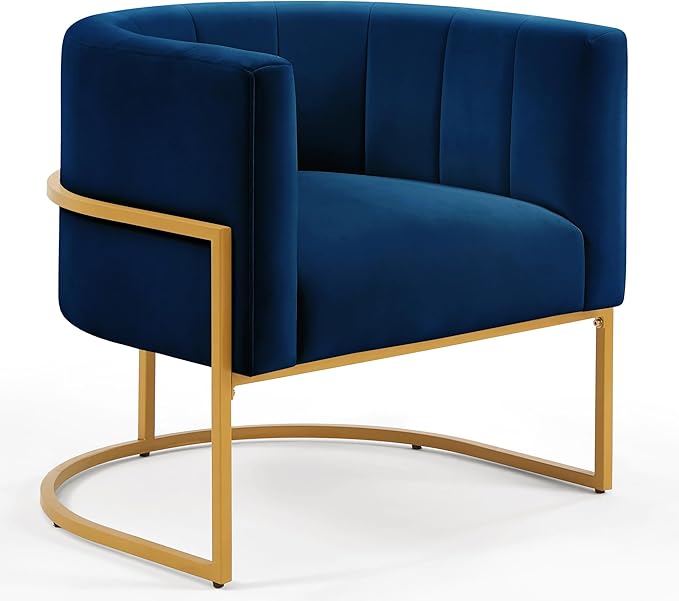 Modern Velvet Accent Chair - Metal Base Linen Upholstery 28 W Contemporary Lounge Chair for Living Room Easy Assembly Included (Navy + Velvet + Foam)