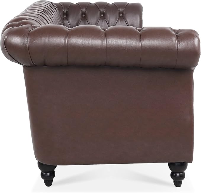 Ball &amp Cast 84 Chesterfield Leather Sofa with Channel Tufted Seat BackClassic 3 Seater Couch w/Roll Arm Nailhead Trim and UpholsteredMid Century Furniture for Living RoomOfficeDark Brown PU