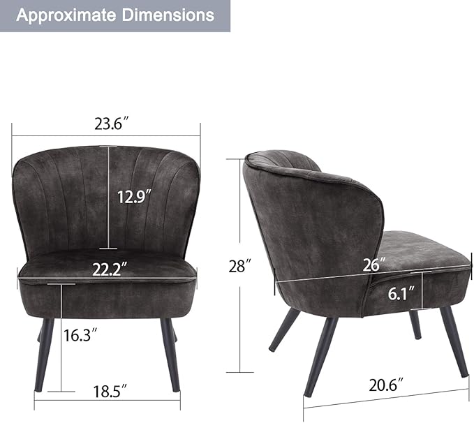 DUHOME Living Room Chair Armless Slipper Accent Chair Sofa Chair Reading Chair Upholstered Velvet Fabric for Bedroom Dark Grey
