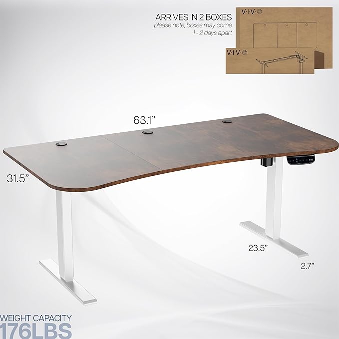 VIVO Electric 63 x 32 in Rustic Standing Desk Memory Height Adjustment 176 lb Frame Support 2E Series Vintage Brown Top White Frame DESK-KIT-2EWN
