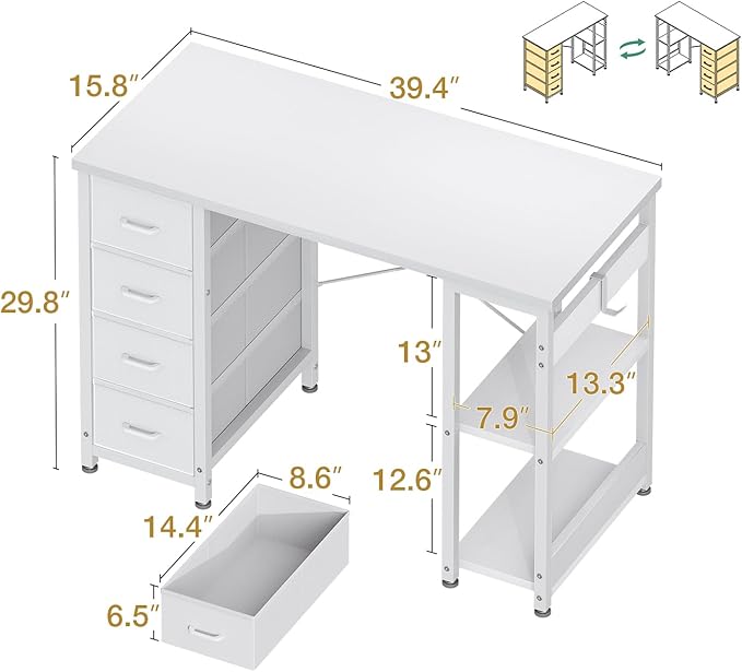 ODK 40 Inch Small White Computer Desk with 4 Fabric Drawers Modern Office Desk for Home Office Gaming with Storage Shelves Study White