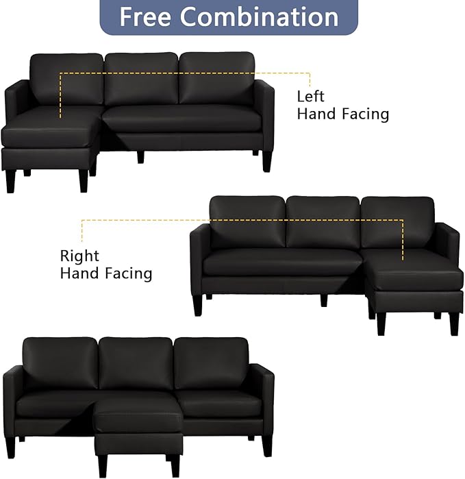 Grepatio Faux Leather Sectional Sofa with Reversible Chaise L Shaped Sofa Set 3 Seater Convertible Couch for Small Spaces Apartment (Black)