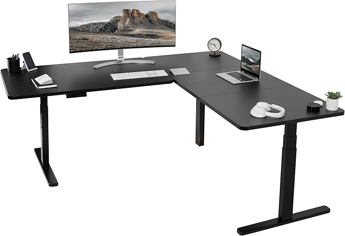 VIVO Electric Height Adjustable 77 x 71 inch Corner Stand Up Desk 2 Black 30 inch Deep Table Tops Black Frame Memory Controller L-Shaped Workstation 3E Series DESK-KIT-3E7B