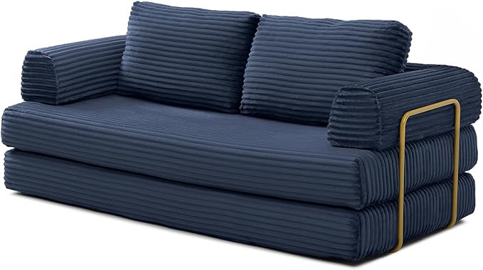 80” Convertible Sleeper Sofa Bed High Back Plush Corduroy Boneless Futon Loveseat with Pull Out Bed Fixed-Shape Folding Floor Mattress Couch No Assembly Required (Blue)