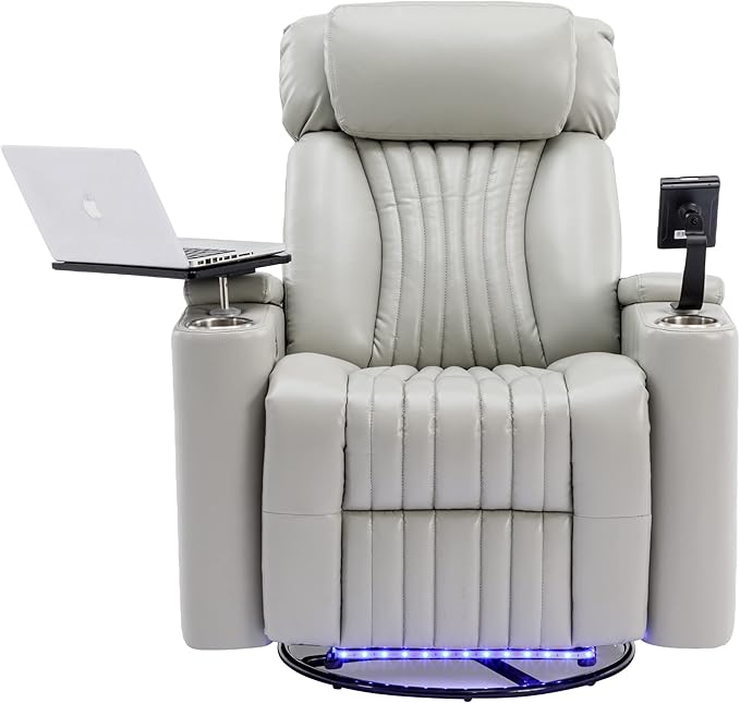 Merax 270 Degrees Power Swivel ReclinerHome Theater Seating with Hidden Arm Storage and LED Light StripCup Holder360 Degrees Swivel Tray Tableand Cell Phone HolderSoft Living Room ChairGrey