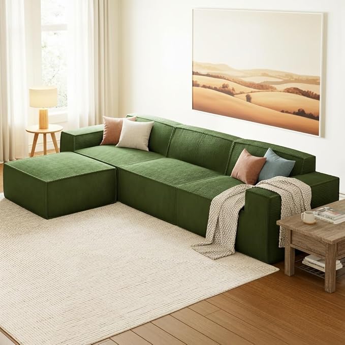 Marsail 111' Modular Sectional Sofa L-Shape Corduroy Cloud Couch with Deep Seat Freely Combinable Boneless Sofa for Living Room No Assembly Required Dark Green