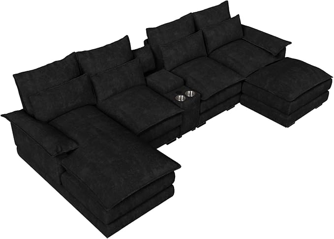OUYESSIR 135 U Shaped Sectional Cloud CouchBlack Sectional Couches for Living RoomComfy Fluffy Chenille Oversized Cloud CouchModular Sectional Sofa with Central Console &amp Double Chaise Lounge