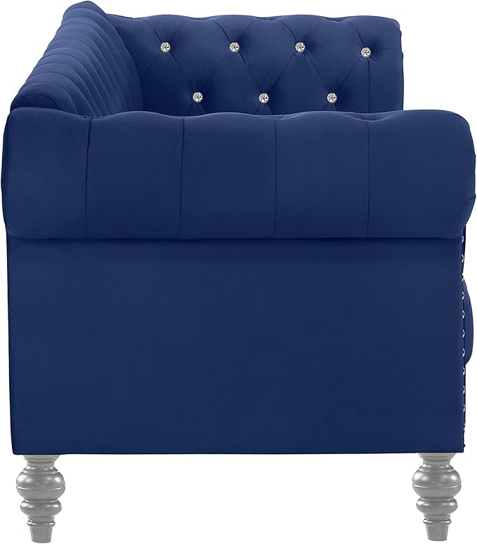 New Classic Furniture Glam Emma Velvet Three Seater Chesterfield Style Sofa for Small Spaces with Crystal Button Tufts Royal Blue