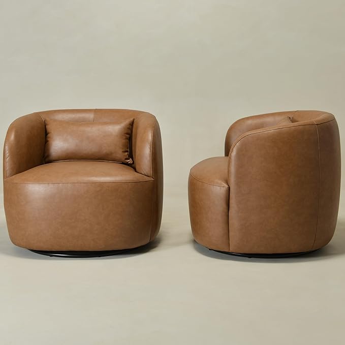 KINWELL Faux Leather Swivel Armchair Set of 2 No Assembly Upholstered PU Leather Swivel Accent Chairs with Toss Pillow for Living Room Office Lounge Camel