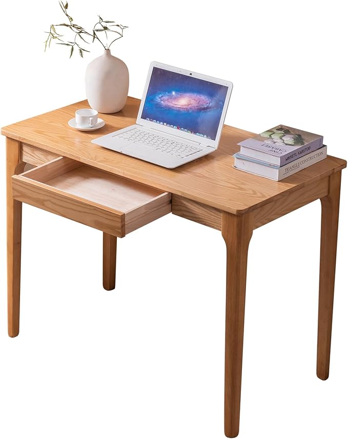 Solid Wood Desk with Drawers Home Office Desk for Small Spaces Gaming Work Study Desk Student PC Desk for Bedroom Easy to Assemble (Wood Color 39.4 inch)