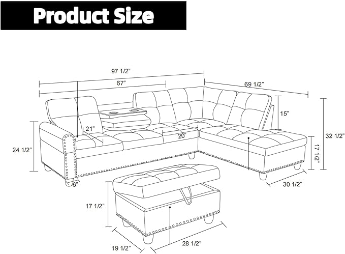 FONTOI L Shaped Sectional Couch Sofa 4-Seat Modern Sectional Sofa with Cup Holders &amp Nail-Head Trim – PU Leather L-Shaped Couch for Living Room Bedroom Apartment GreyC