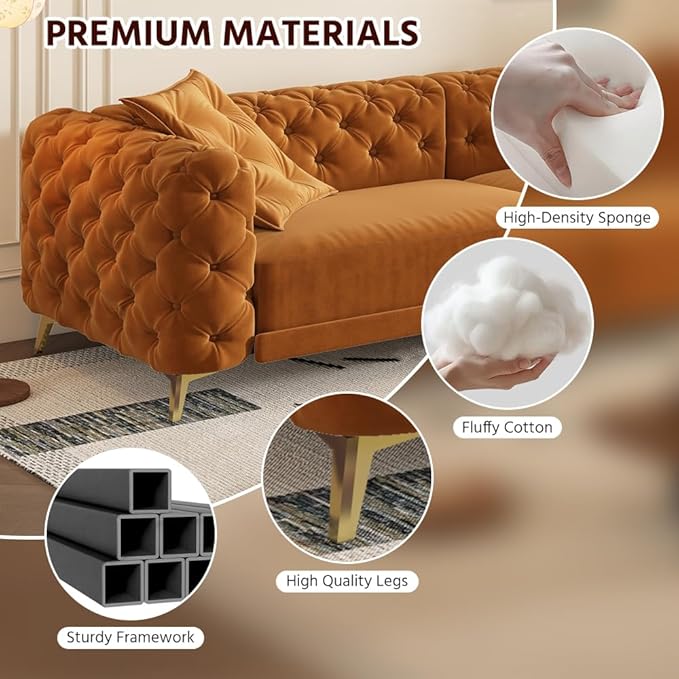 97.7 King Pull Out Sofa Bed Velvet Chesterfield Sleeper Sofa Couch 3 in 1 Convertible Tufted Futon Couches with Ottoman for Living Room Small Space Apartment Office Bedroom Orange