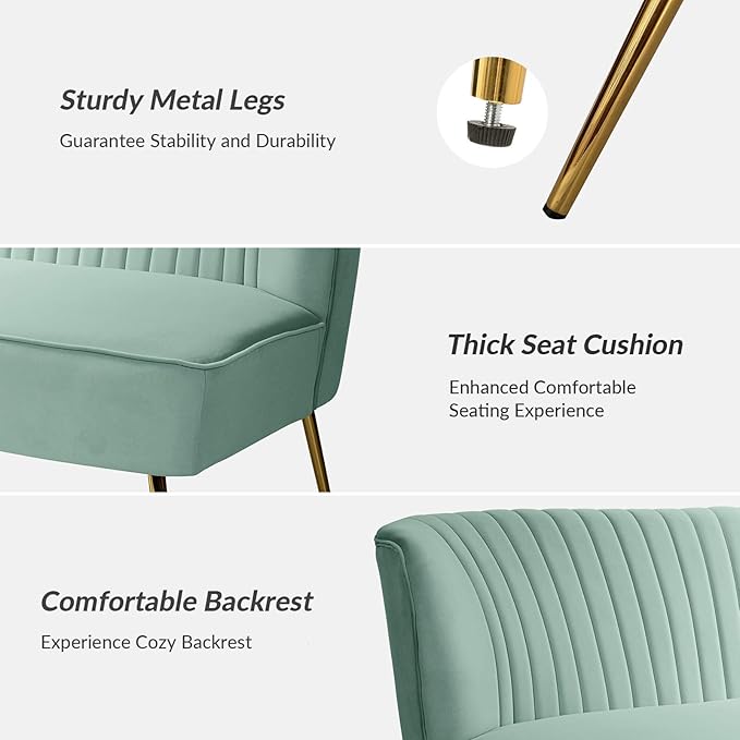 HULALA HOME Velvet Loveseat Sofa with Gold Legs Mid-Century Modern Upholstered Love seat Couch Tufted Small 2-Seat Sofa Armless for Living Room Bedroom Apartment Small Spaces SAGE