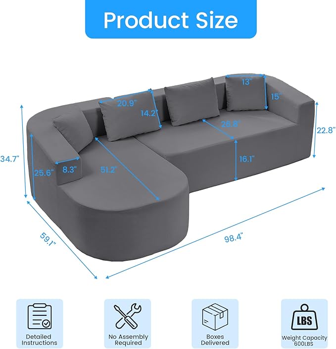 PUREMIND 98 L Shaped Sectional Couches for Living Room Boneless Comfy Modern Sofa Cloud Sectional Modern Sleeper Couch with Chaise for Bedroom Apartment No Assembly Required (Dark Grey)