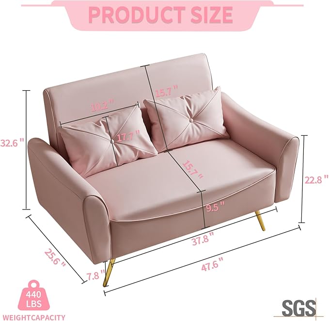Brelice 48 Faux Leather Loveseat Sofa Modern Small Couch for Small Space with 2 Pillows 2 Seater Couch for Living Room Bedroom Office Apartment (Pink)