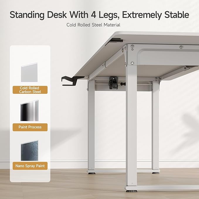 ONBRILL Standing Desk 63x30 Inches Rectangle Stand Up Desk with 4 Legs Dual Motor and Memory Controller Adjustable Height from 28-46 Inches for Home and Computer Workstation White