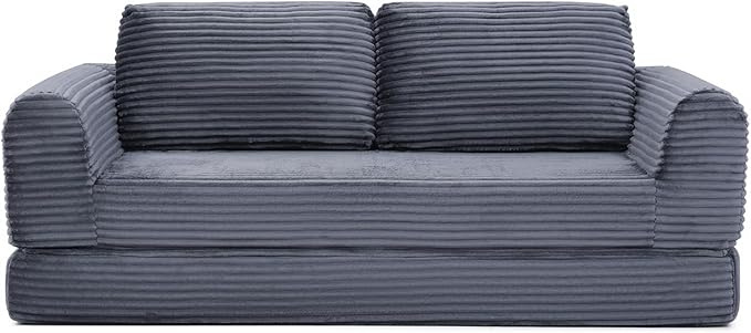 82 Corduroy Convertible Boneless Couch with Pull-Out Bed 2 in-1 Folding Convertible Sofa Bed with Pillows Loveseat Floor Sofa Couches for Living Room No Assembly Required (Grey) | Breathable Mater