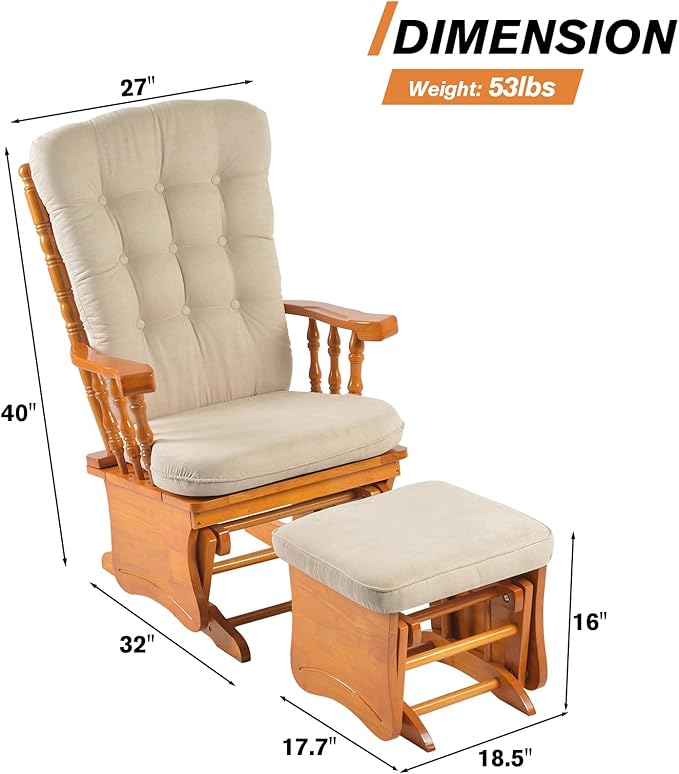 Anti-Pinch Solid Wood Hand Glider Rocking Chair Set with Ottoman Padded Cushion Rustic Rubber Wood Nursery Glider for Nursing Relaxing Living Room Bedroom Honey Colored