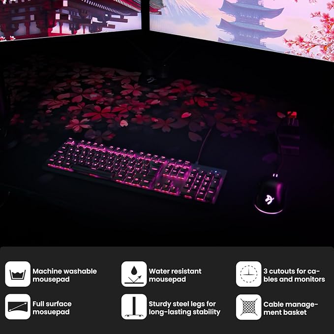 Arozzi Arena Special Edition Ultrawide Curved Gaming and Office Desk with Full Surface Water Resistant Desk Mat Custom Monitor Mount Cable Management Cut Outs - Flower