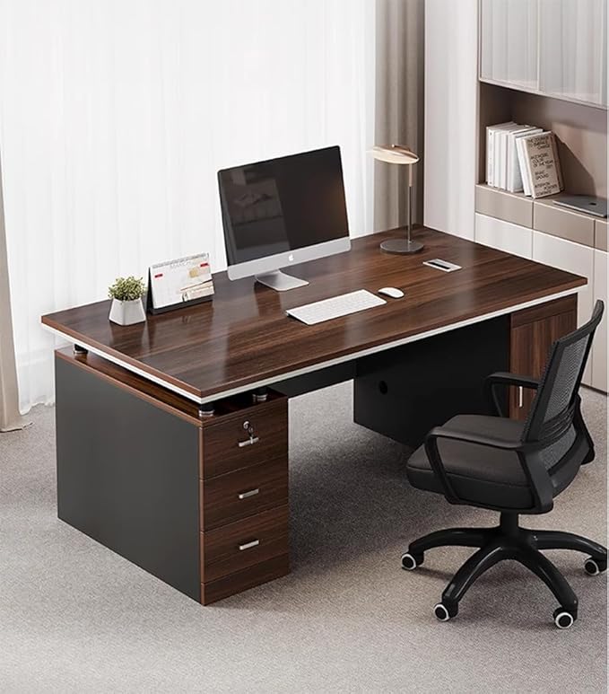 LITFAD Office Desk Modern Computer Desk Brown Wood Writing Desk with Black Sled Base Locking Drawer and Cabinet Home Office Furniture - Without Chairs 55 L x 24 W x 30 H