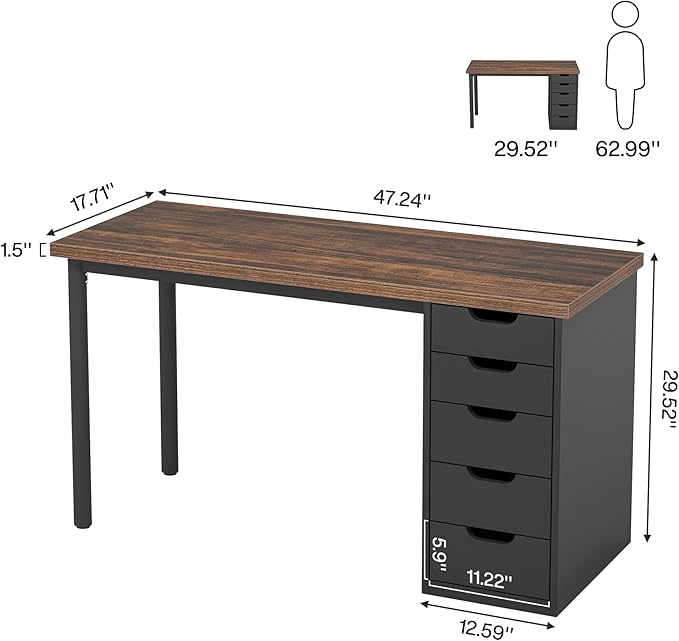 Tribesigns Computer Desk with 5 Drawers 47 inches Rustic Brown Home Office Desk with Storage Modern Simple Laptop Desk Study Writing Table for Small Spaces (1 Brown+Black)