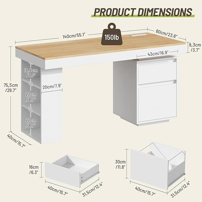 55'' Modern Executive Desk with Drawers Set of 2 Wooden Computer Desk with File Drawer and Charging Station 3-Tier Open Side Shelf for Home Office and Living Room Natural and White