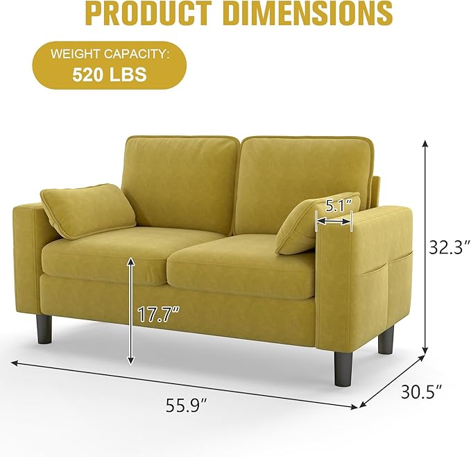 MOTION Loveseat Modern Sofa - Mid Century Couch with Soft Armrest Pillows for Living Room Comfy Office Furniture with Deep Seats Mustard Yellow