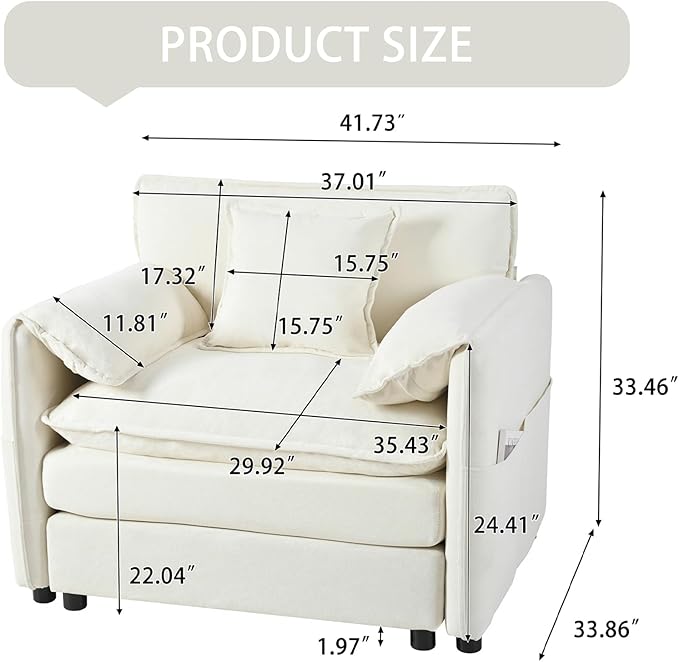 Cilee Sofa Accent Chair 41.73 Deep Seat Reading Couch Cloud Single Sofa with Pillow &amp Storage Pocket Comfy Arm Chairs for Living Room Bedroom Office Apartment Chenille Beige
