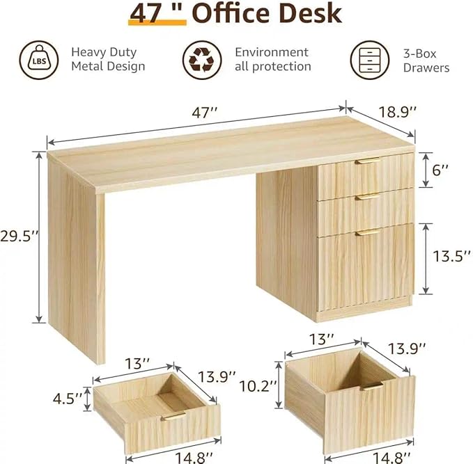 Fluted Desk with File Drawers - 47 Inch Modern Executive Desk Wood Desks with Cabinet Drawers for Home Office Boho Wooden Computer Desks with Storage for Writing Study Bedroom Light Natural Oak