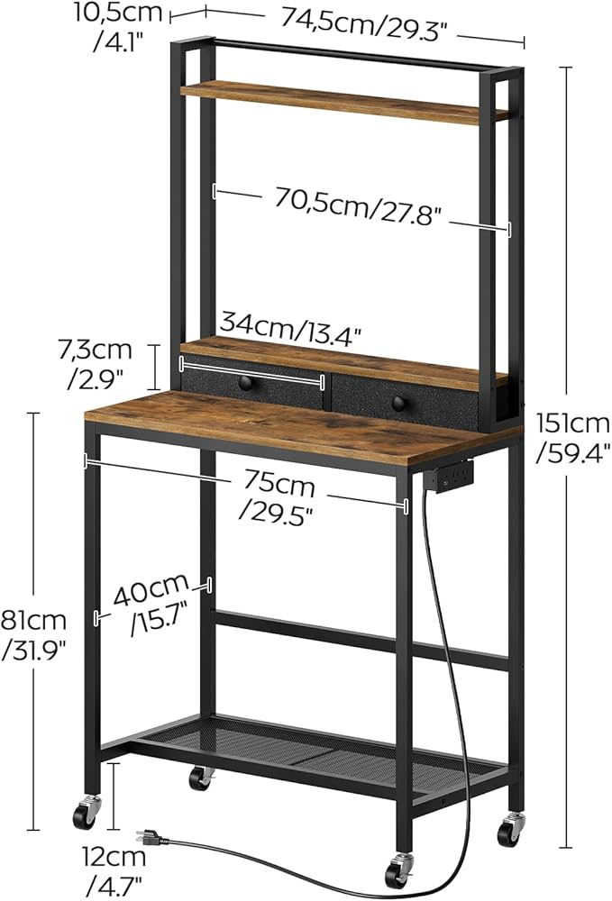 Computer Desk with Hutch and Drawers Home Office Desk with Power Outlets Gaming Desk with Monitor Stand and Wheels for Living Room Home Office Rustic Brown DN02UBR