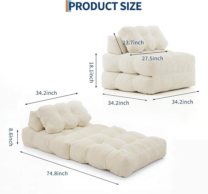 Garvee Folding Sofa Bed Convertible Sleeper Chair with Pillow Foldable Mattress with Back Support Boneless Fold Out Chair Bed Comfy Floor Sofa Lounge for Living Room Bedroom Beige Single