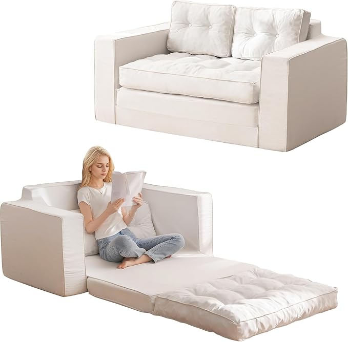 YOSHOOT Loveseat Sleeper Sofa55 Convertible Sofa Bed Couch Futon Couches for Living Room3-in-1 Pull Out Floor Couch with Backrest and Pillows White