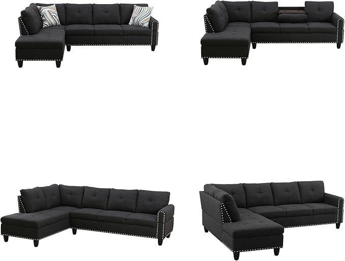 FONTOI L Shaped Sectional Couch Sofa 4-Seat Modern Sectional Sofa with Cup Holders &amp Nail-Head Trim – PU Leather L-Shaped Couch for Living Room Bedroom Apartment Black B