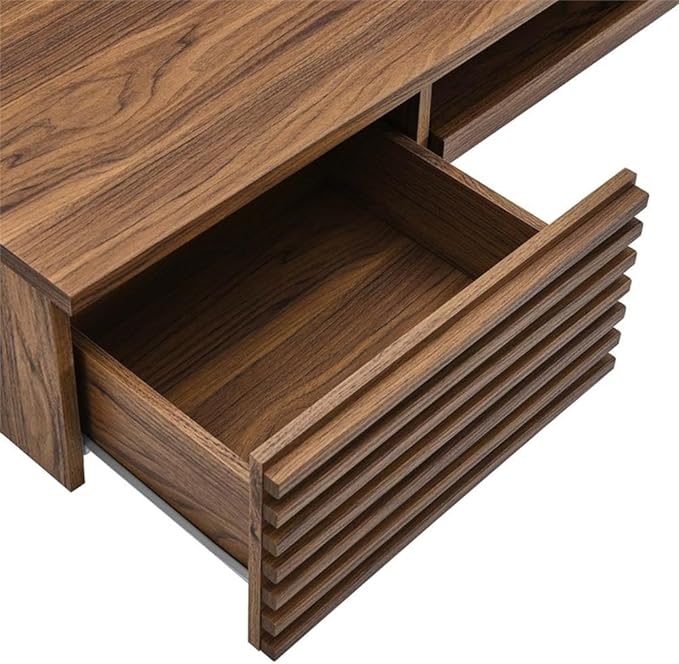 Pemberly Row Wall Mount Office Desk 60 in Wide Particleboard and Wood Walnut Finish Pull-Out Keyboard Tray Cable Management Full-Extension Glide Drawers Mid-Century Style for Home Office or
