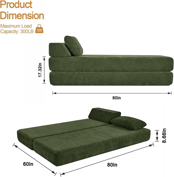 2-in-1 Daybed Sofa Chair Bed with Lumbar Pillow Queen Size Sofa Bed Chaise Lounge Chair Queen Sleeper Chairs Comfy Floor Couch for Living Room Bedroom Office Study (Chenille Green)