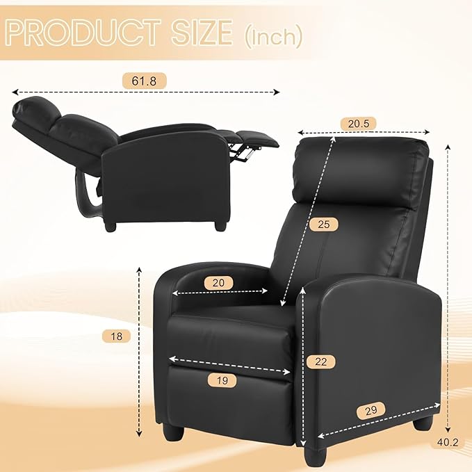 Massage Recliner Chair PU Leather Recliner Chair Recliner Sofa for Adults Home Theater Seating with Lumbar Support Bedroom Living Room Chair with Padded Seat Backrest Black