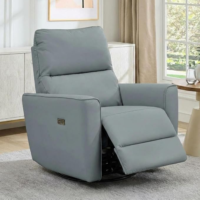 GarveeHome Power Recliner Chair 270° Swivel Rocking Glider with USB Charging Port PU Leather Upholstered Fabric Ergonomic Modern Nursery Chair for Living Room Bedroom Nursery (Light Grey)
