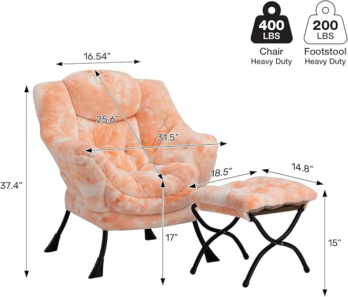 HollyHOME Lazy Chair with Foldable Ottoman Accent Comfy Lounge Armchair and Folding Footrest Stool Leisure Sofa Reading Chair and Footstool for Living Room Bedroom DormFaux Fur Peach