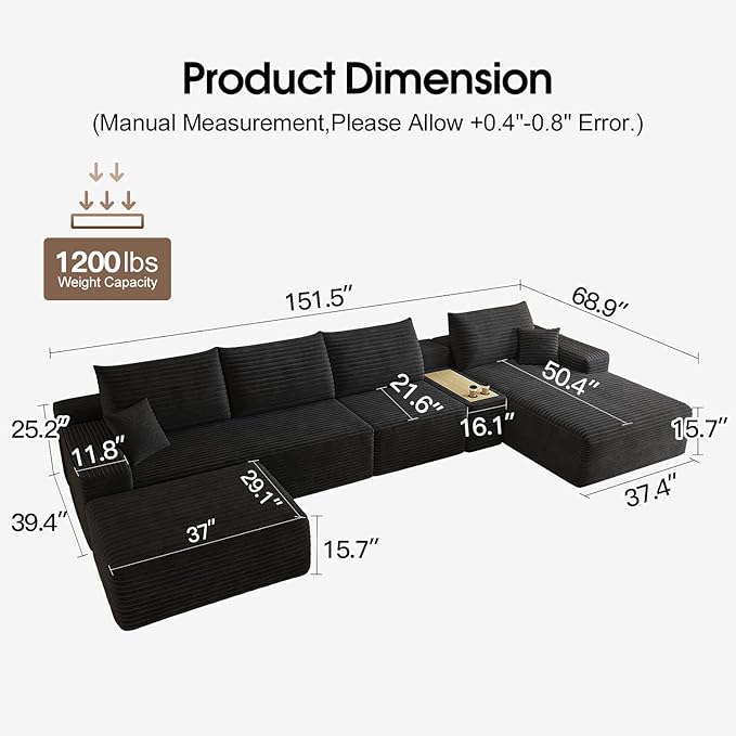 ‌151.5 Modern Cloud Boneless Corduroy Sectional Couch with U-Shape Chaise Ottoman and Side Table No Assembly Required Deep Seat Upholstered Modular Sofa for Living Room (Black Right Facing)