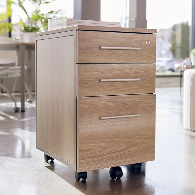 NBF Office Files Pedestal Cabinet - 3 Drawer File Cabinet with Lock - Brown Laminate Office Filing Cabinets - Modern Mobile File Cabinet Document Storage (26 H Espresso)