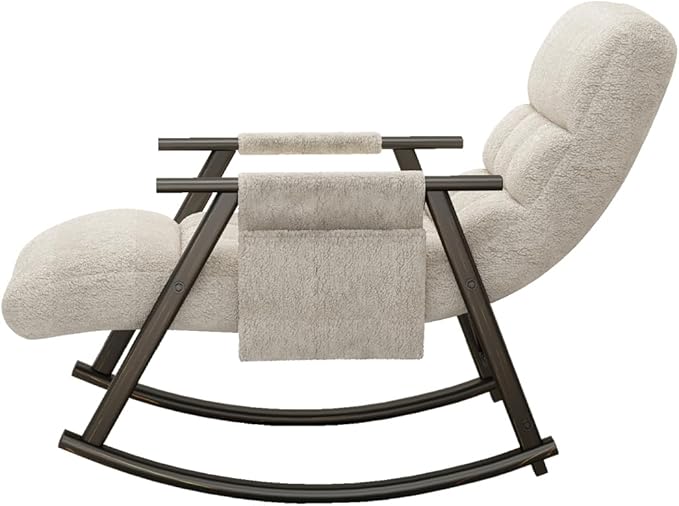 Casual Folding Rocking Chair Upholstered White Adjustable High Back &amp Footrest Cozy Comfort for Living Room Balcony
