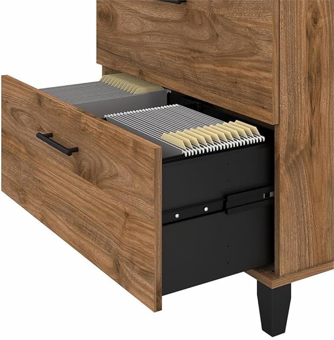 Pemberly Row 2 Drawer Lateral File Cabinet 30W x 17D x 29H Engineered Wood Fresh Walnut Finish Full-Extension Ball Bearing Slides Transitional Tapered Leg Design Home Office Document Storage
