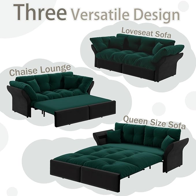 74.8 Queen Size Pull Out Sofa Bed 3-in-1 Convertible Sleeper with 2 Pillows Tufted Velvet Loveseat for Living Room Apartment Bedroom Small Spaces Green | 3-in-1 Convertible Pull Out Sofa Bed V