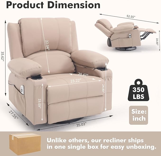 Faux Leather Swivel Rocker Recliner with Heat and Massage Cup Holders Overstuffed Rocking Glider Chair Heated Massaging Reclining Chair Beige
