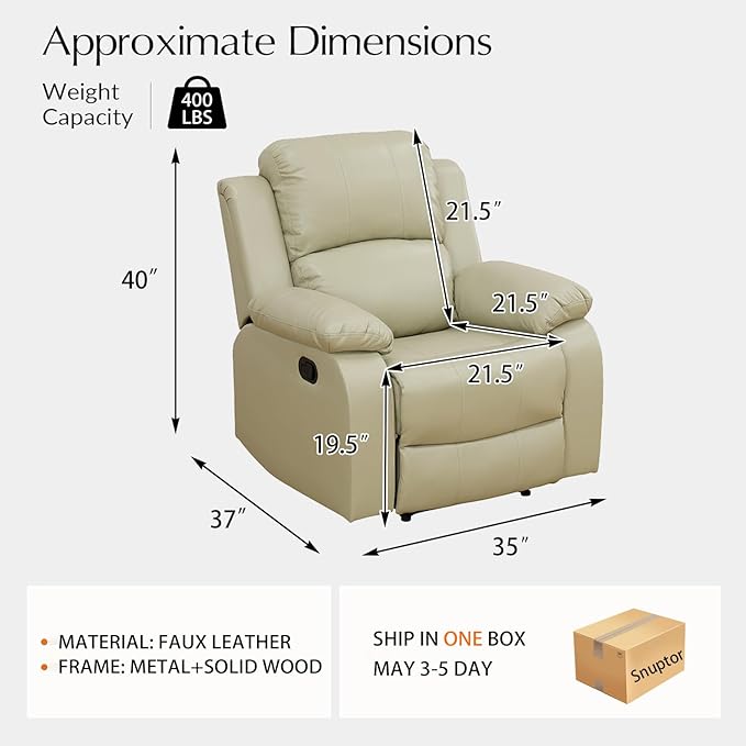 Manual Leather Recliner Chair Sofa for Living Room35 Ergonomic Reclining Chair with 10 Arm/Upholstered Seat/Metal FrameModern Single Couch for Rv Sofa/Home Theater Seating/Office(Beige)