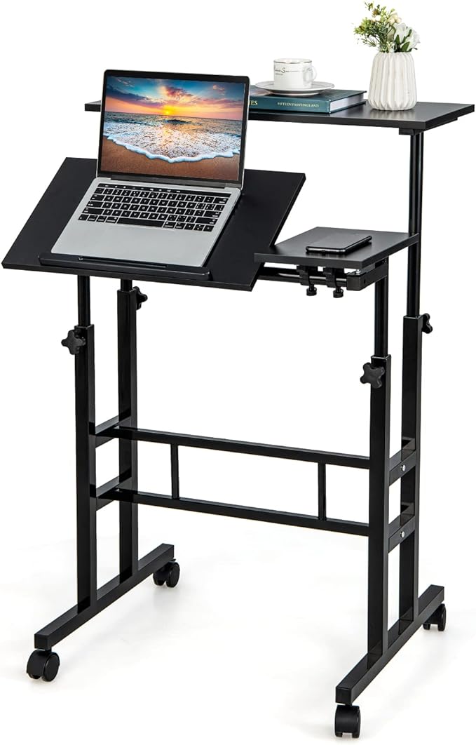 Giantex Mobile Standing Desk Height Adjustable Stand Up Desk with Wheels &amp Tilting Tabletop Rolling Laptop Cart Computer Workstation for Standing or Sitting Home Office Sit Stand Desk Black