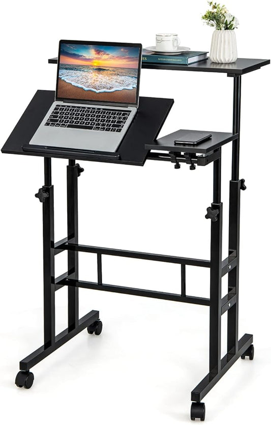 Giantex Mobile Standing Desk Height Adjustable Stand Up Desk with Wheels &amp Tilting Tabletop Rolling Laptop Cart Computer Workstation for Standing or Sitting Home Office Sit Stand Desk Black