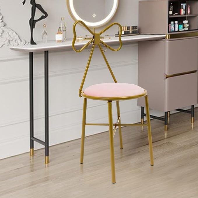 Small Cute Vanity Chair Knot Backrest Vanity Stool with Back Modern Makeup Chair Gold Lounge Chair for Living Room Bedroom Kitchen (Light Pink)